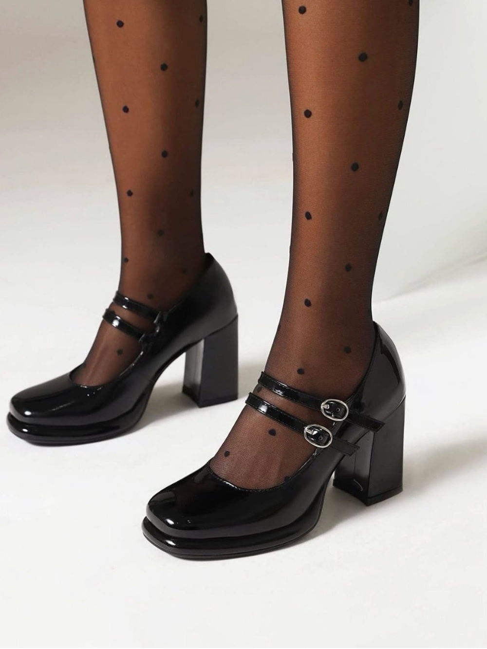 Cellenz Women's Black Patent Double-Strap Block Heel Mary Jane Pumps 8